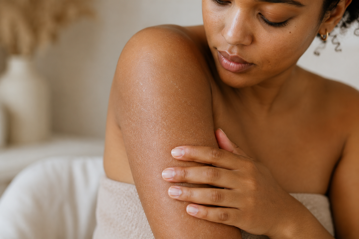 close-up of a woman gently touching visibly dry, flaky skin on her arm in soft natural light